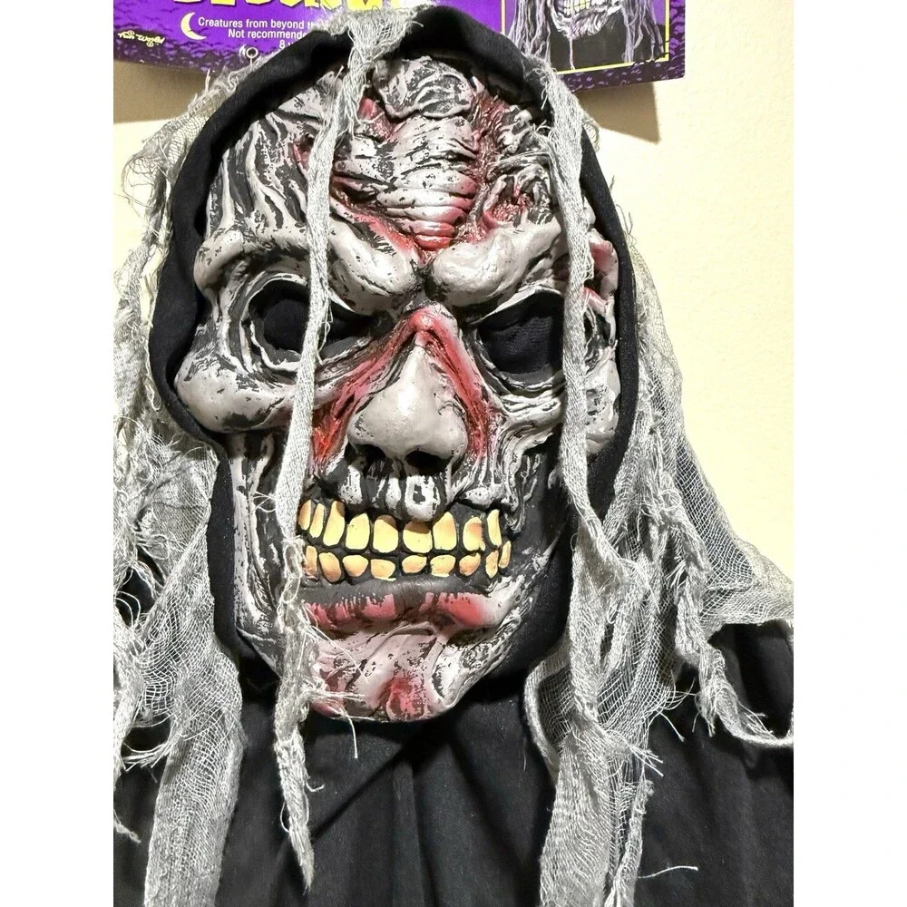 Scary Skeleton Zombie Mask Hood Long Gray Hair Halloween Adult Horror Costume